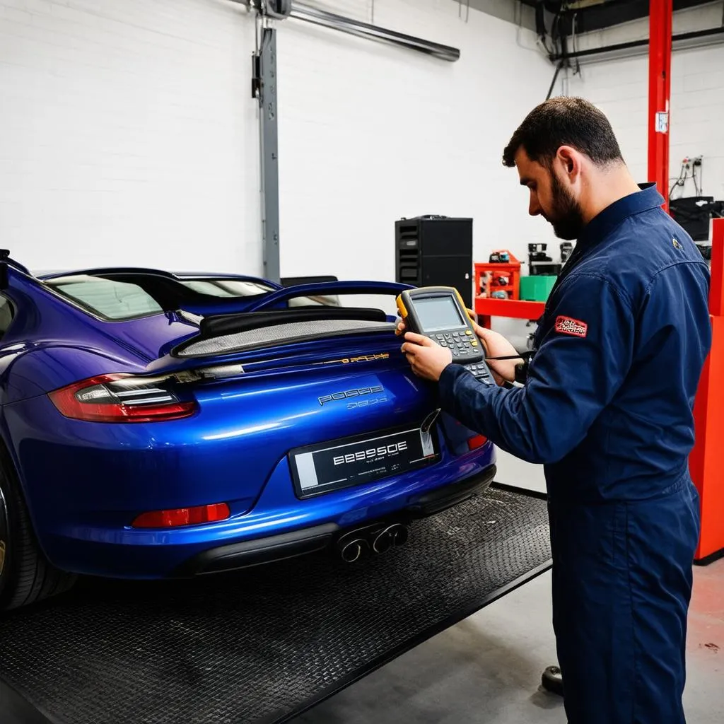 Mechanic using diagnostic tool on Porsche