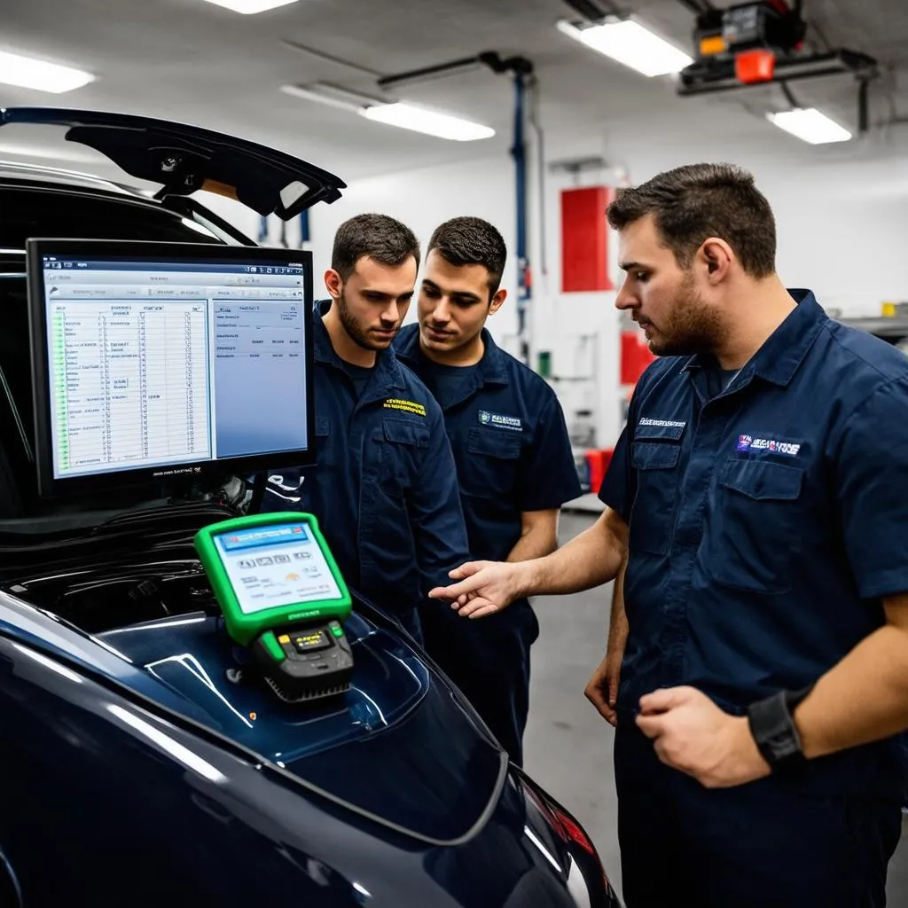 Team of mechanics reviewing diagnostic data on an OBD scanner