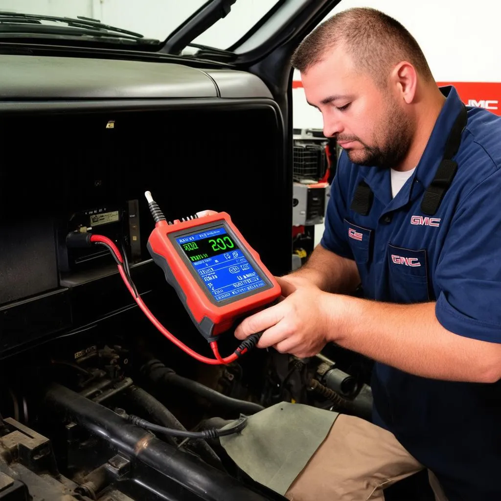 Mechanic using a scan tool on a GMC Yukon