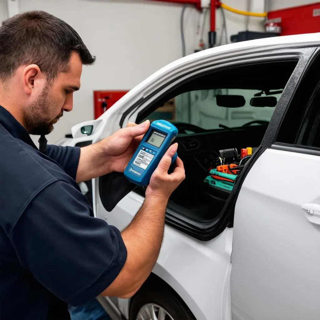 Mechanic using Accurave elm327 OBD II scanner to diagnose car problems