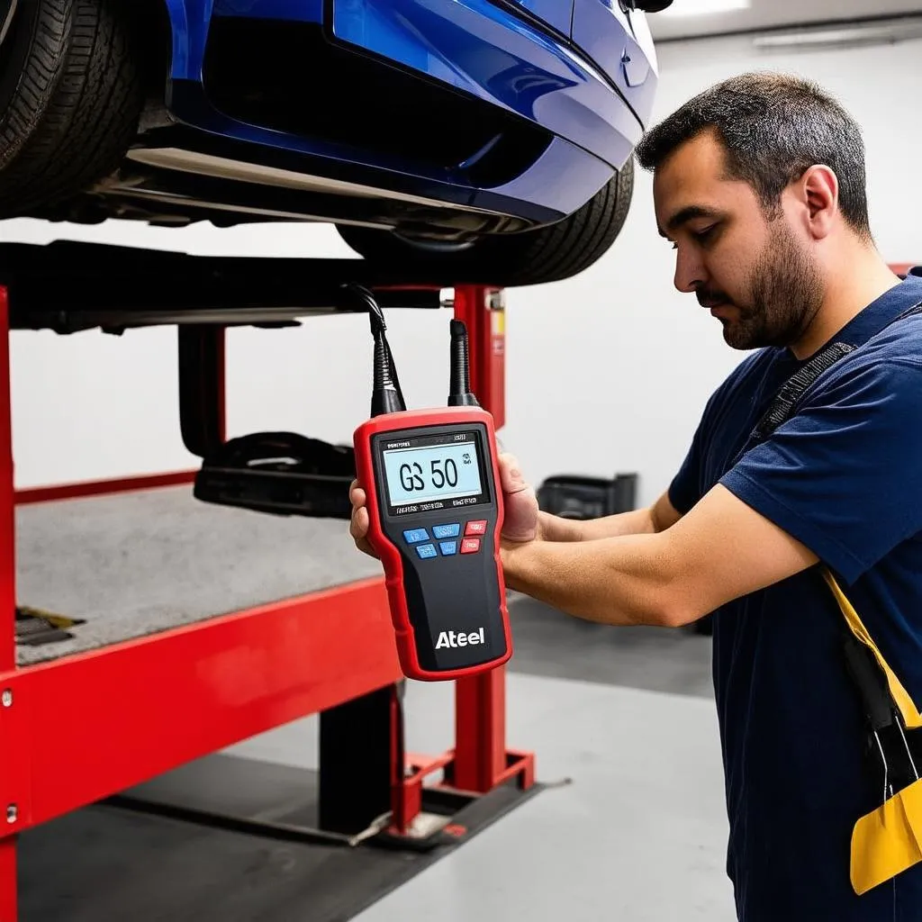 Mechanic using Altel Scanner GS-500 OBD-II