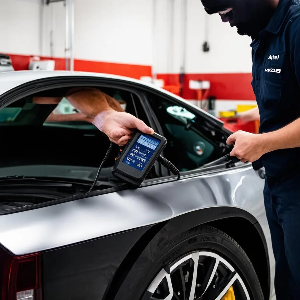 Mechanic Using Autel MK808 on European Car