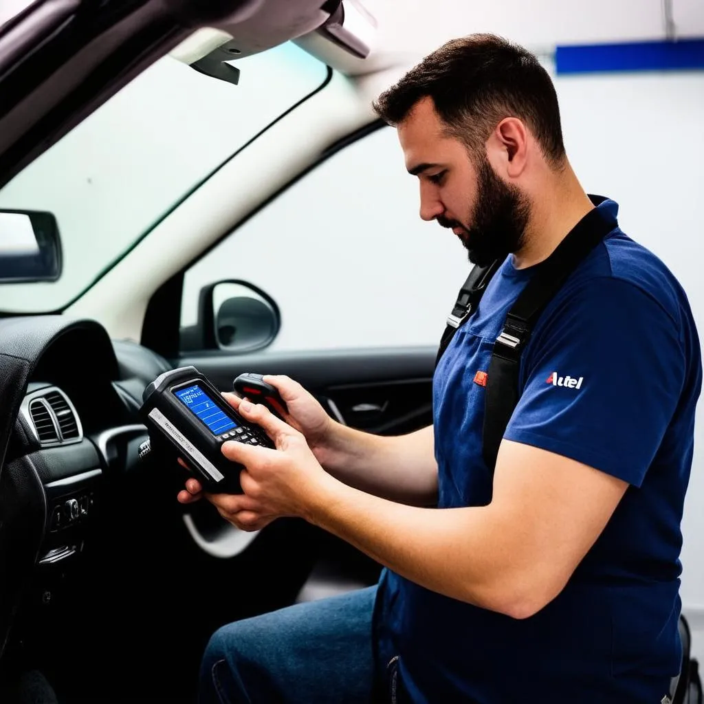 Mechanic using Autel Scanner on European car