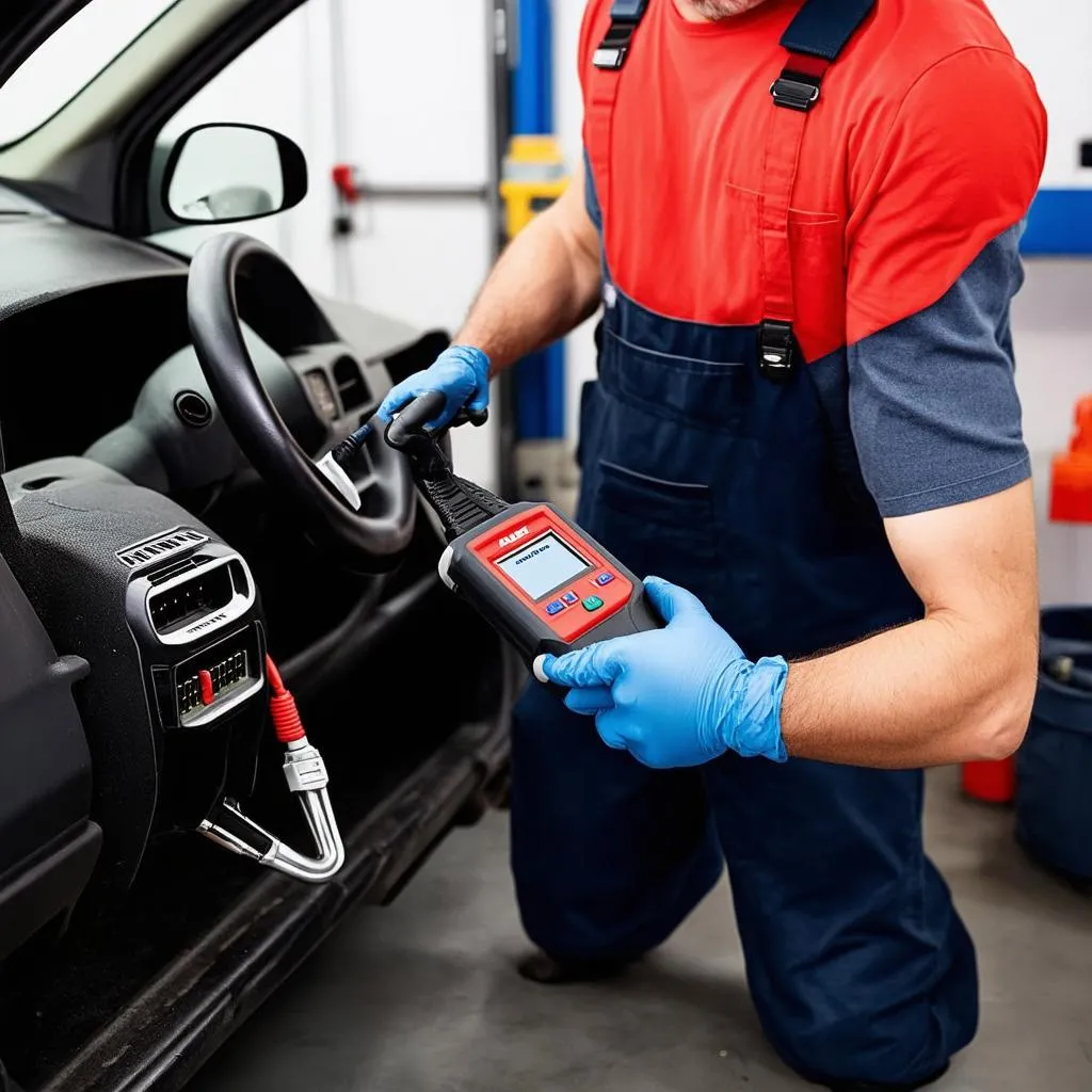 Mechanic using Autel scanner to diagnose car problems