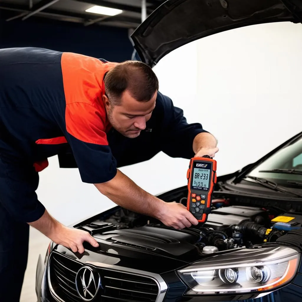 Mechanic using a BR-3 scanner on a car