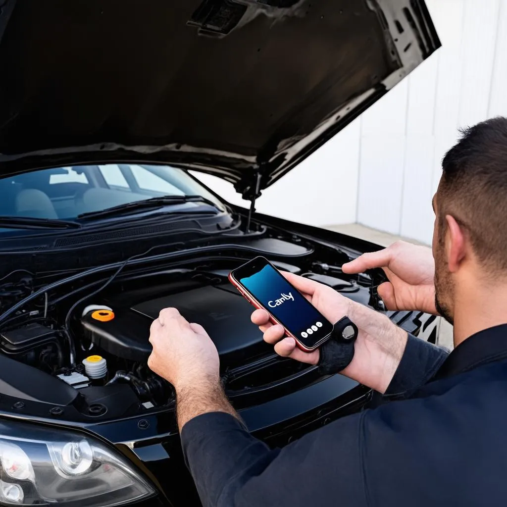 Mechanic using Carly on their phone to diagnose a car issue.