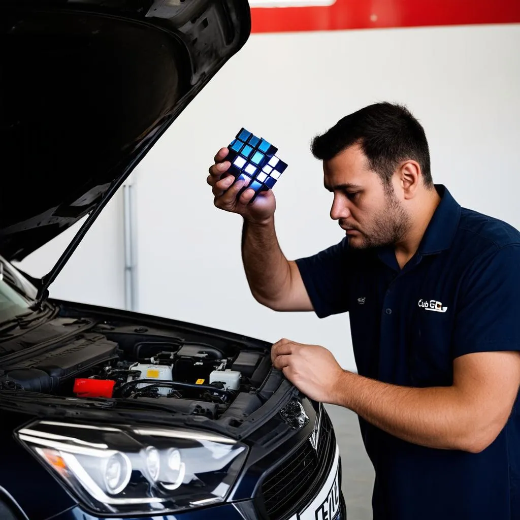 Mechanic using Cube G to diagnose a car problem