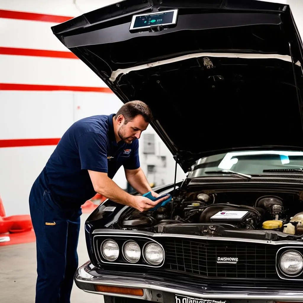 Mechanic Using DashCommand on Classic Car