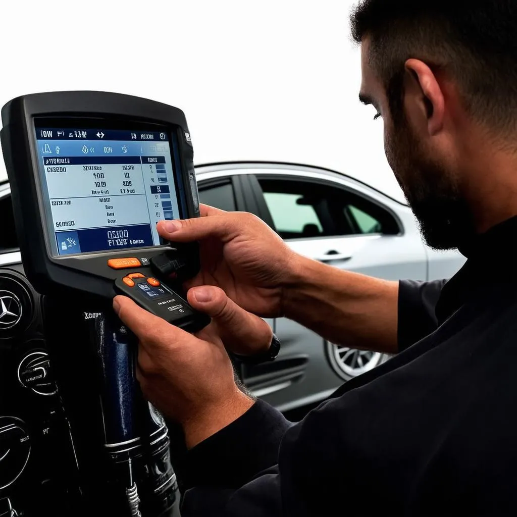 Mechanic using dealer scanner on Mercedes