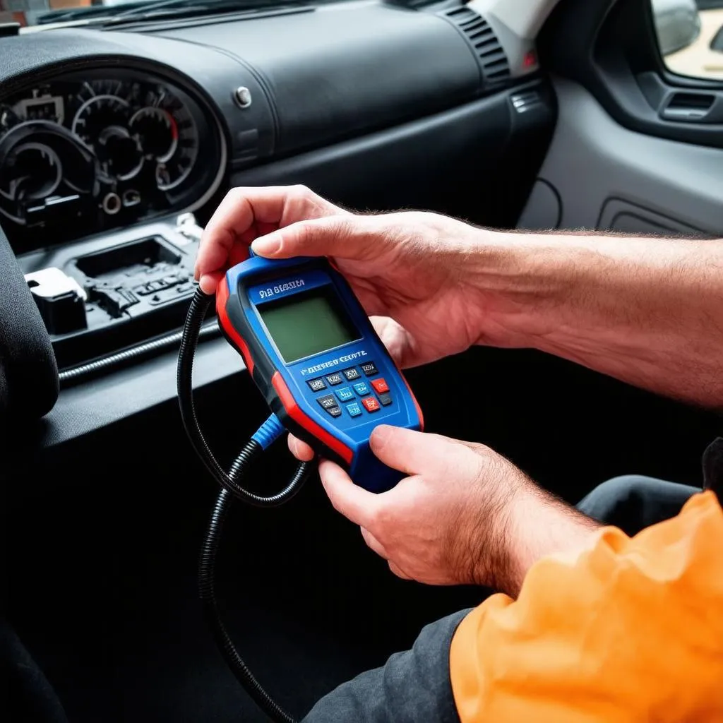 Mechanic using a diagnostic scanner