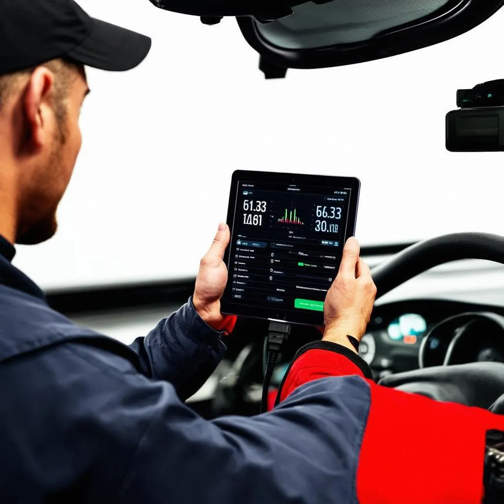 Mechanic Using Diagnostic Tablet with OBD