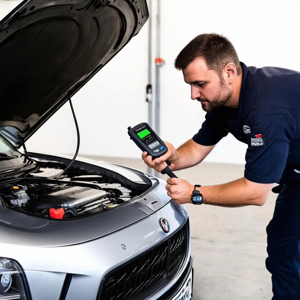 Mechanic using a diagnostic tool on a European car