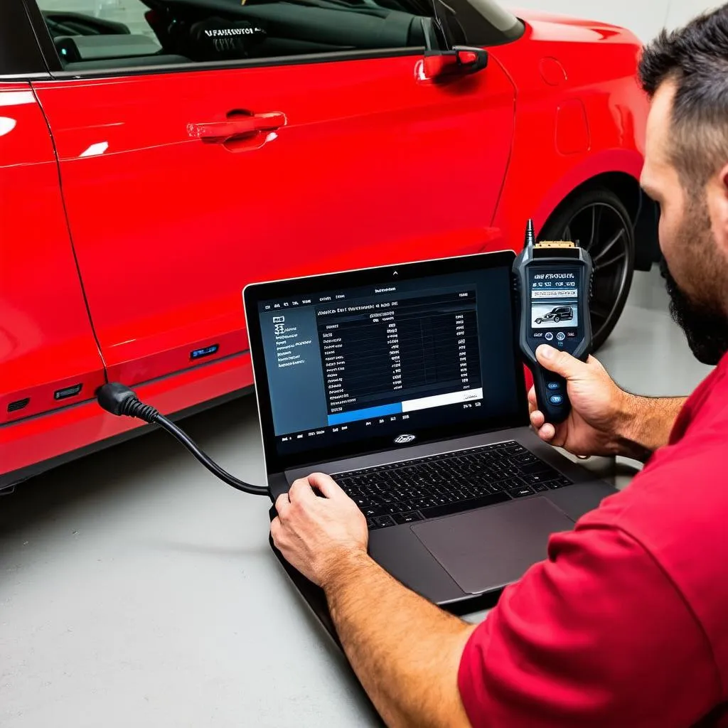 Mechanic using a dealer-level scan tool on a 2012 Ford Mustang