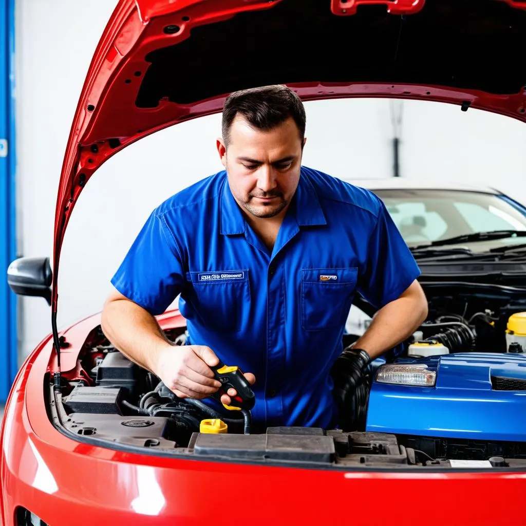 Mechanic using a diagnostic tool on a car