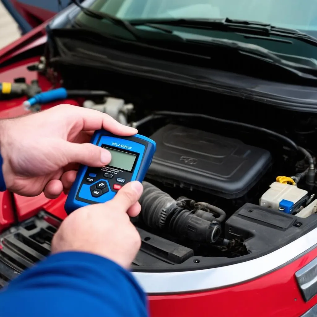 Mechanic using a diagnostic tool on a car