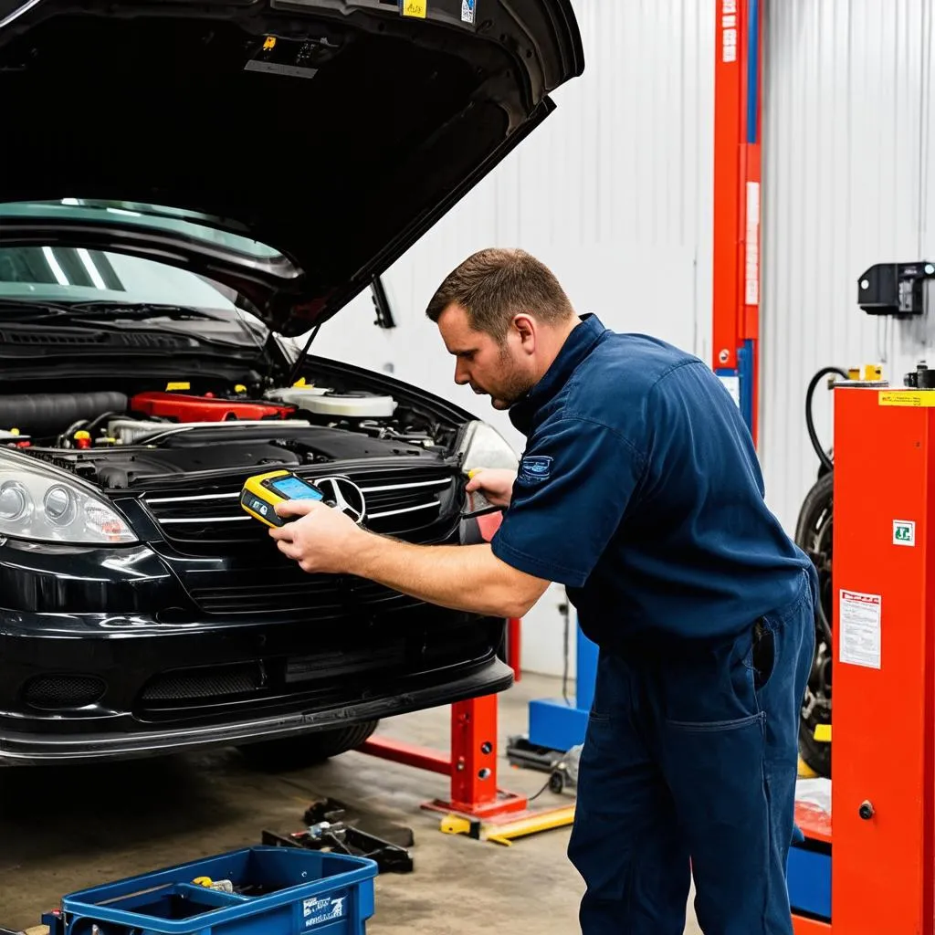 Mechanic using a diagnostic tool on a car