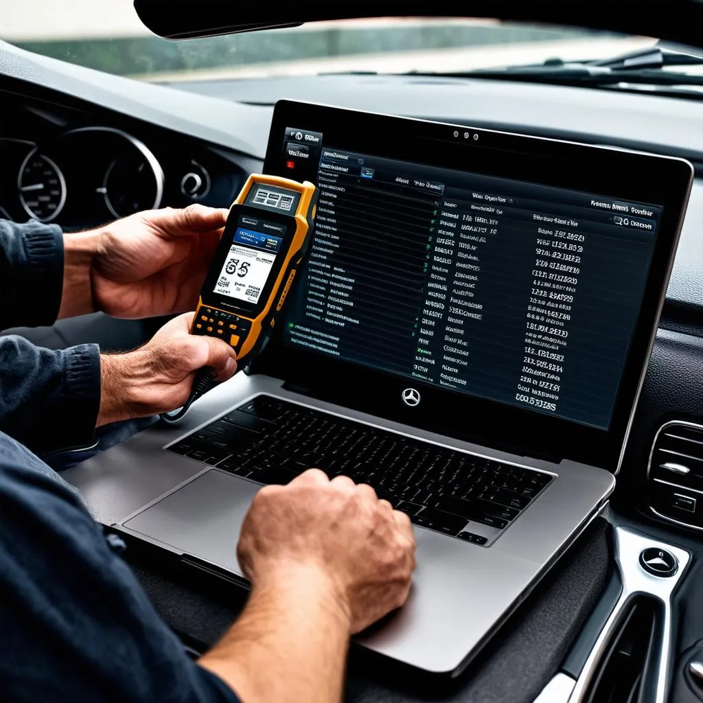 Mechanic Using Diagnostic Tool on European Car