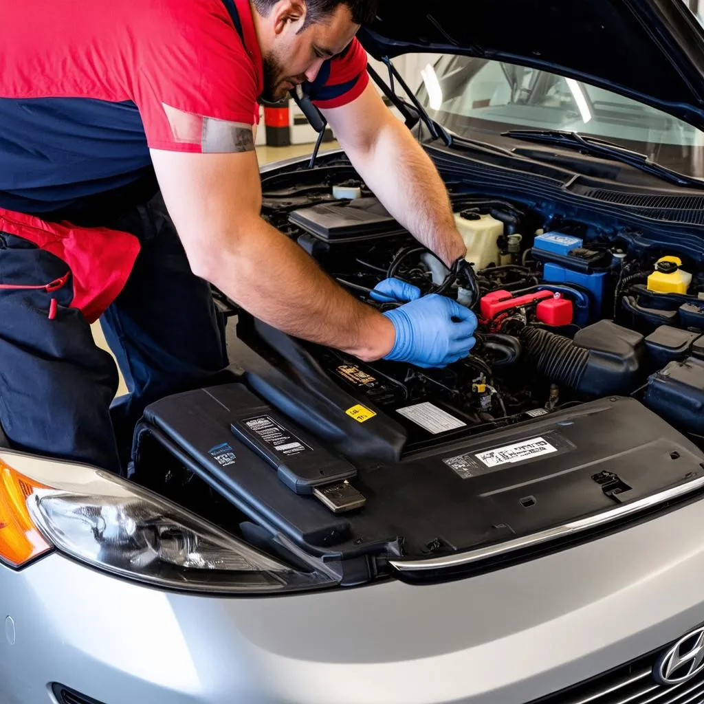 Mechanic using diagnostic tool on Hyundai XG350