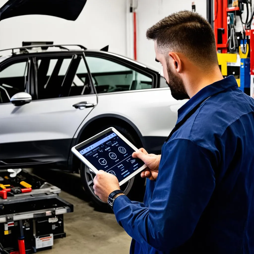 Mechanic Using a Digital Tablet for Car Diagnostics