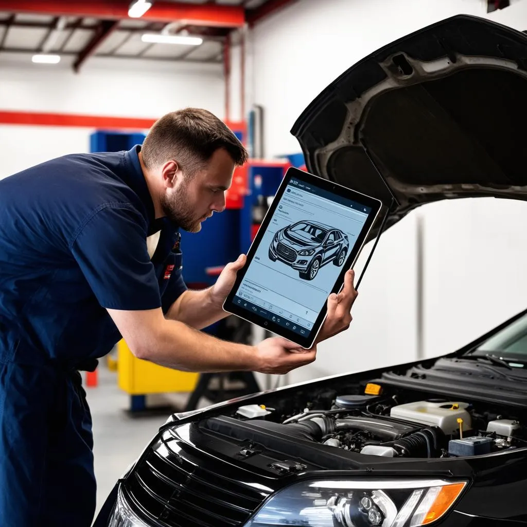 Mechanic Using Digital Tablet in Auto Repair Shop