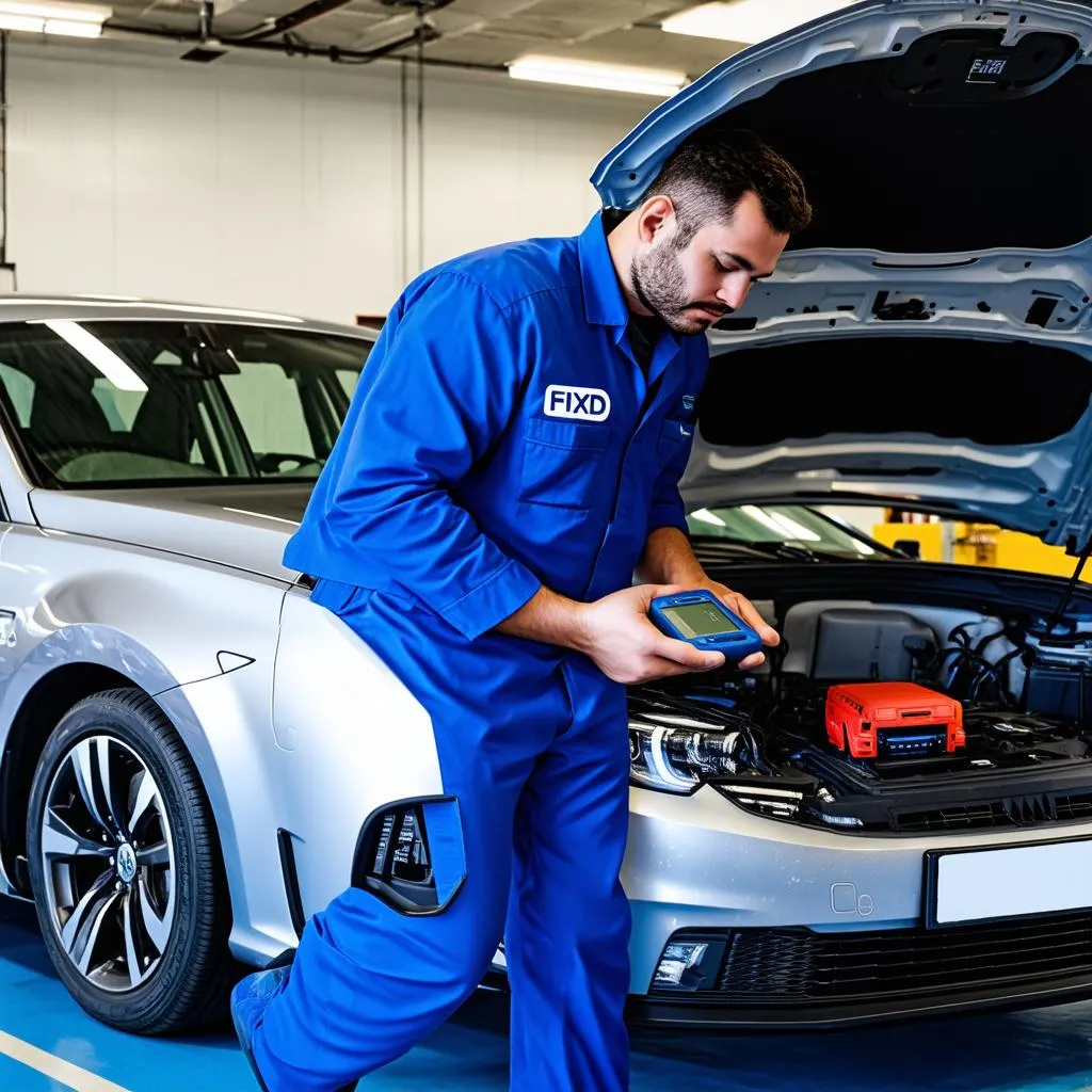 A mechanic is shown using a FIXD OBD2 scanner to diagnose a car's engine problem