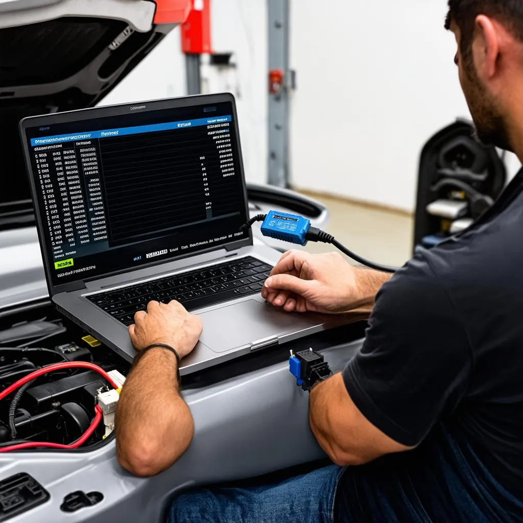 Mechanic using a laptop and Freematics OBD-II I2C adapter to diagnose a car