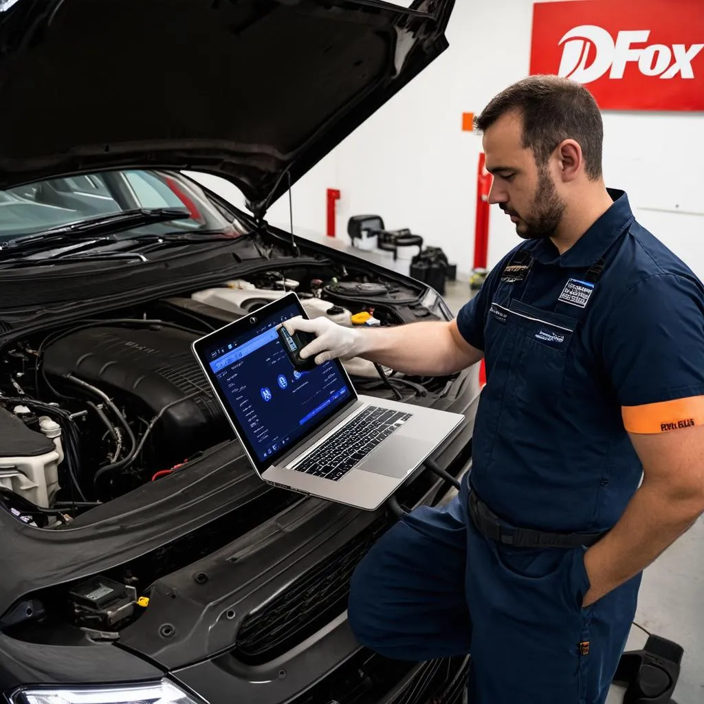 Mechanic using laptop with DFox Slave