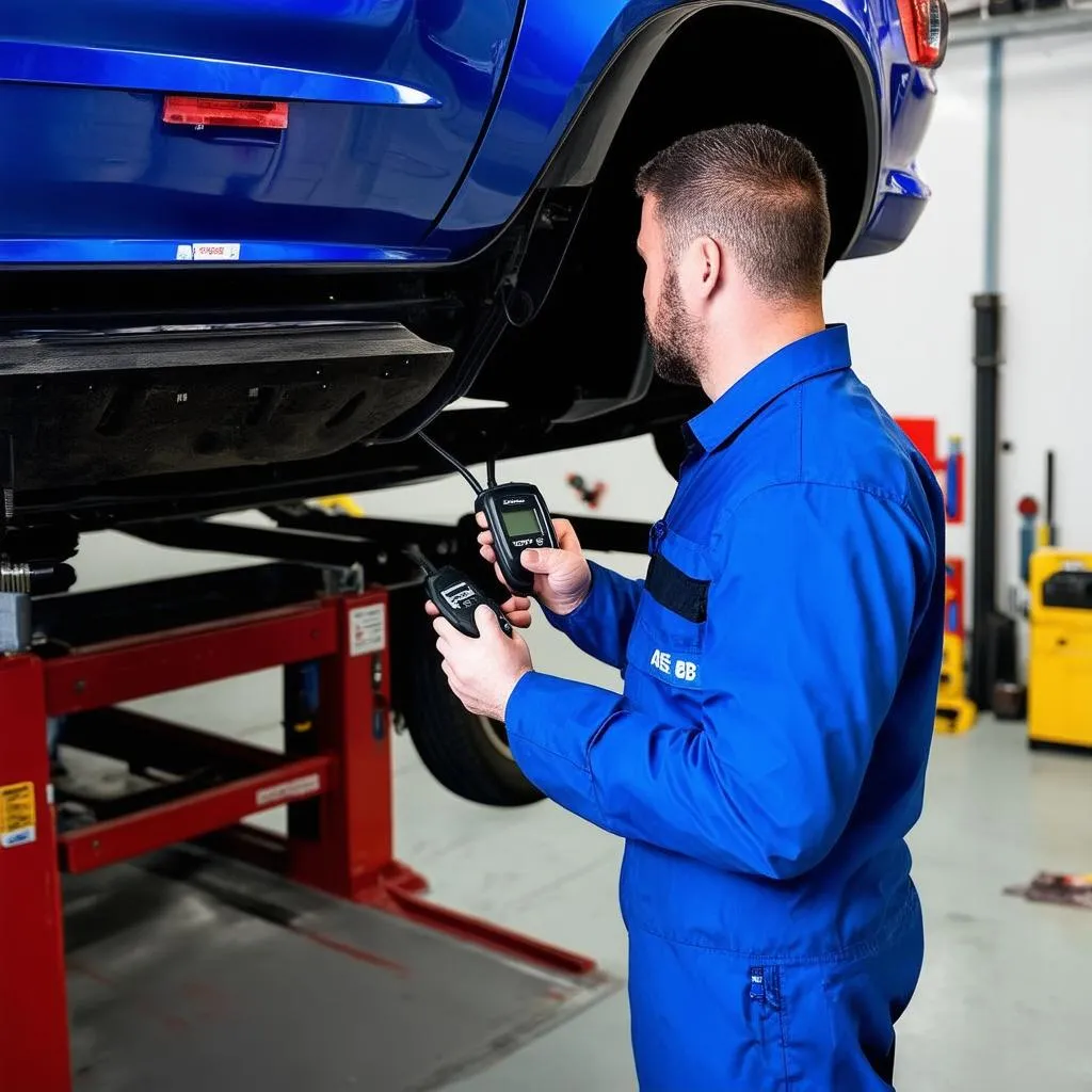 Mechanic Diagnosing Car with OBD ABS Code Reader