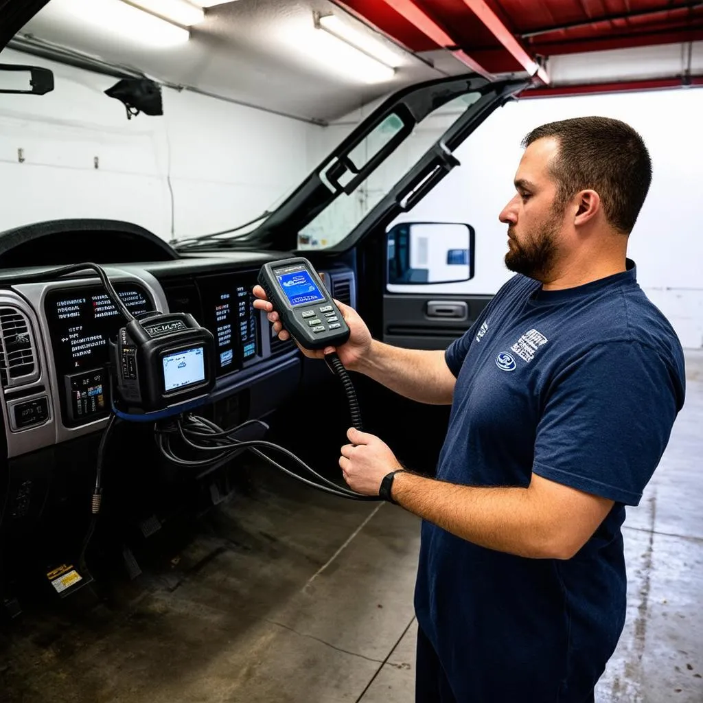 Mechanic Diagnosing Ford F250 with OBD II Scanner