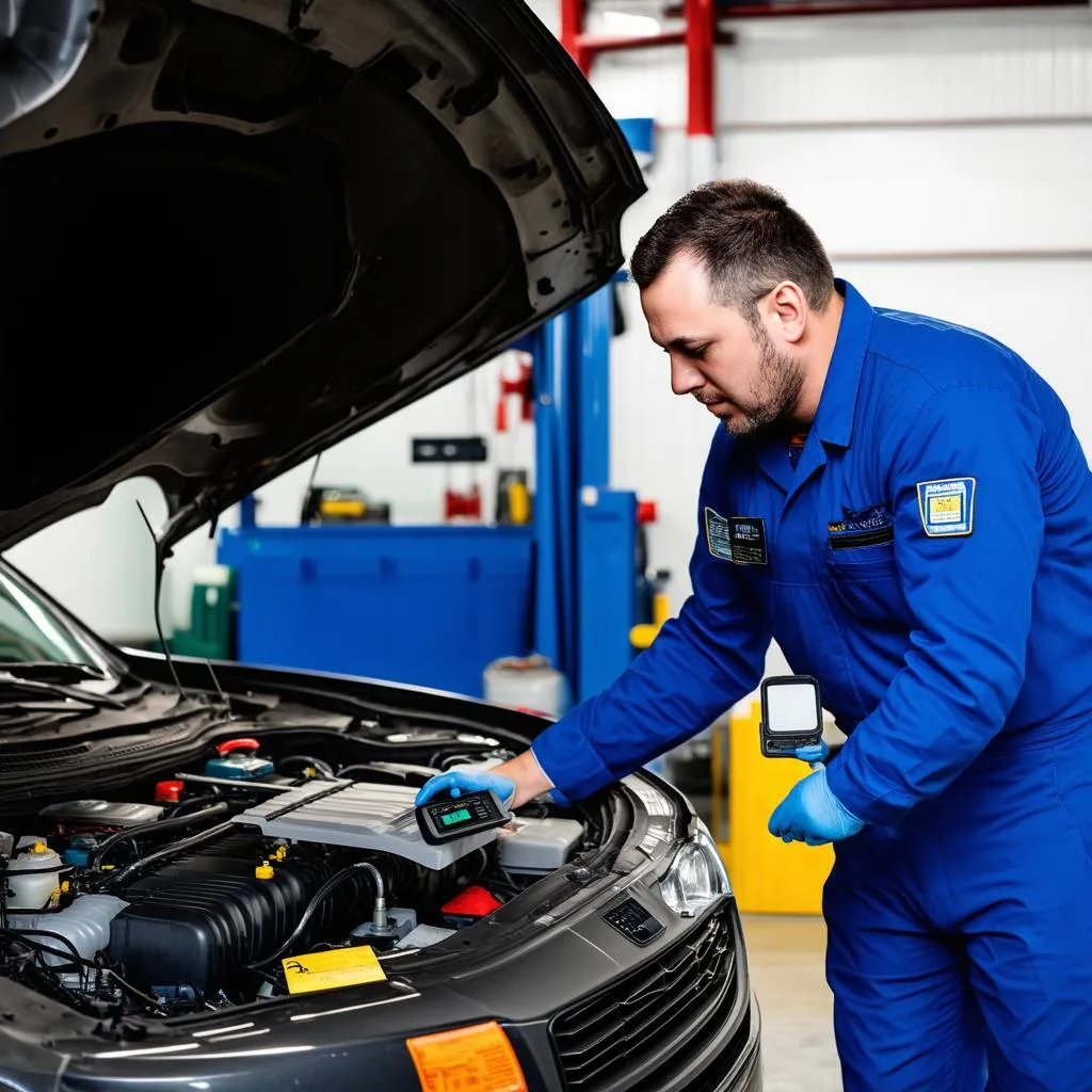 Mechanic Using OBD LCD Display to Diagnose Car