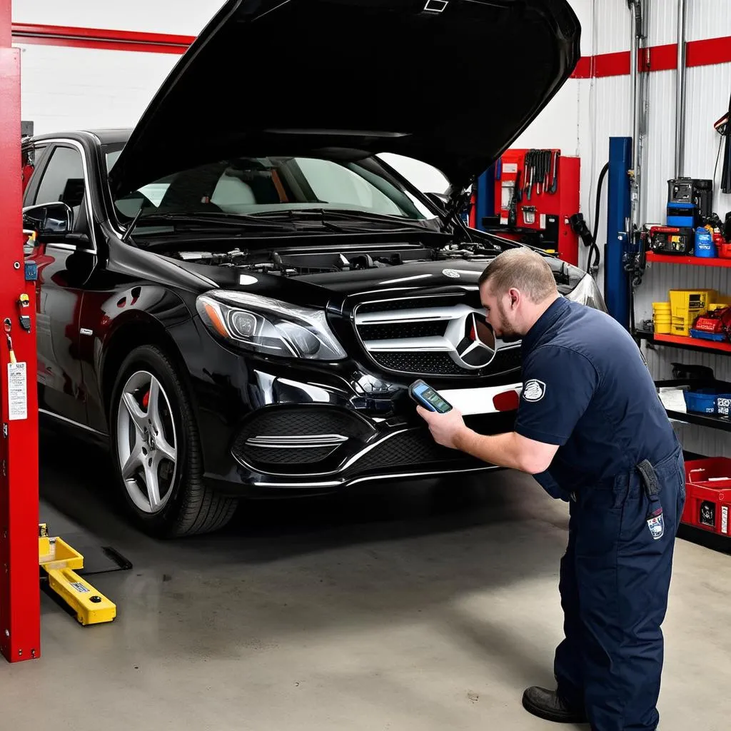 Mechanic using an OBD reader to diagnose a car problem.