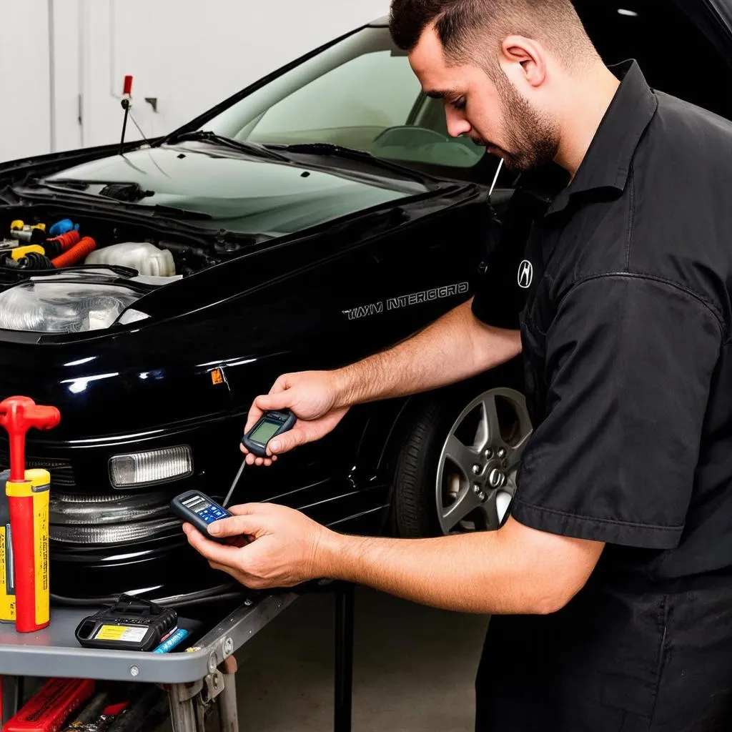 Mechanic using an OBD reader on an Acura Integra