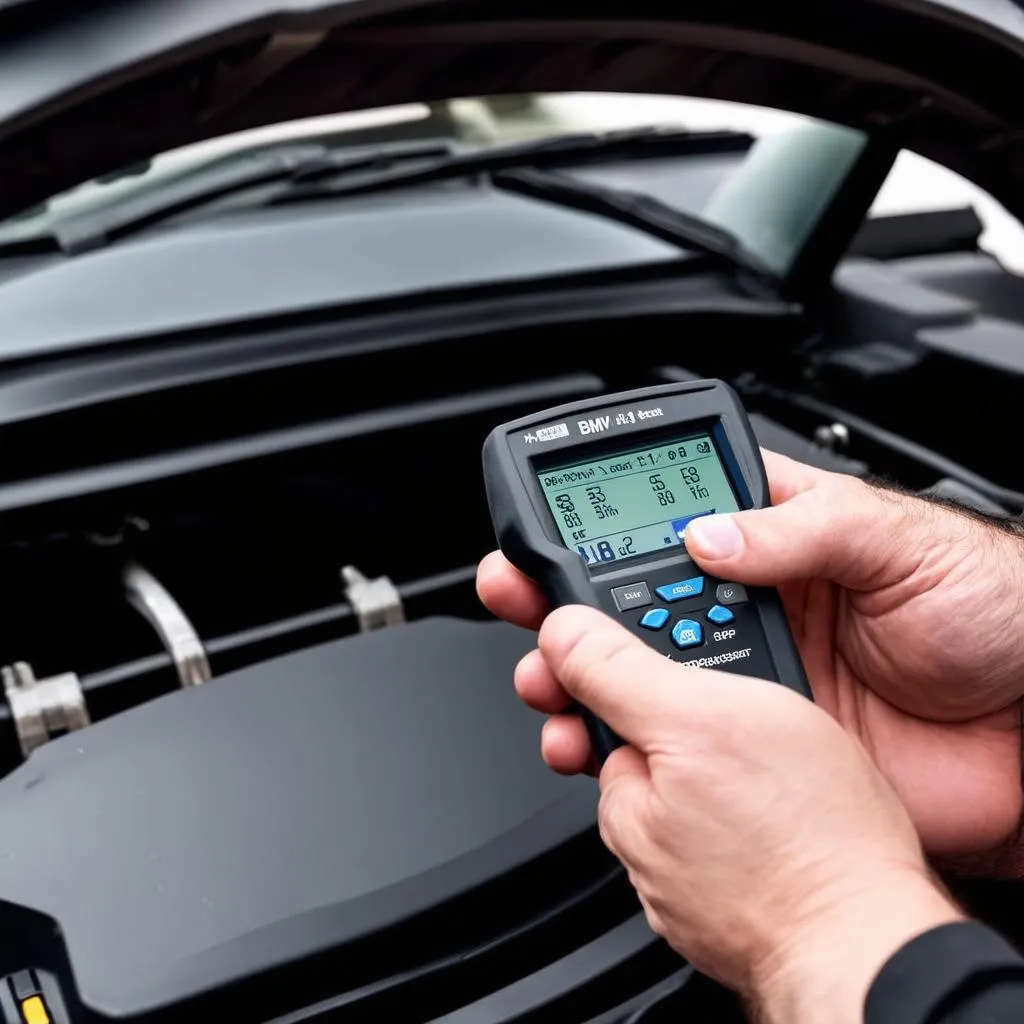 Mechanic using an OBD reader on a BMW E90