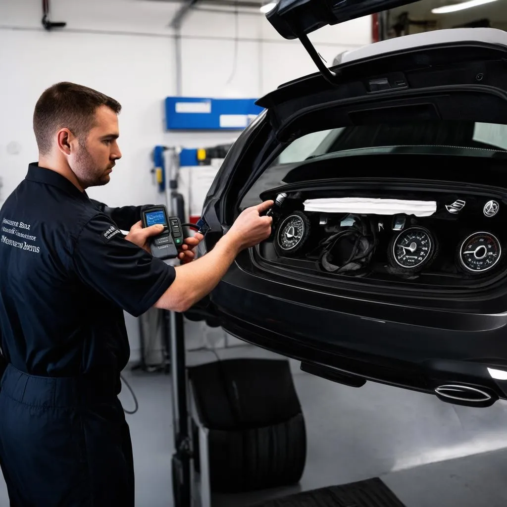 Mercedes-Benz Technician Using OBD Scanner