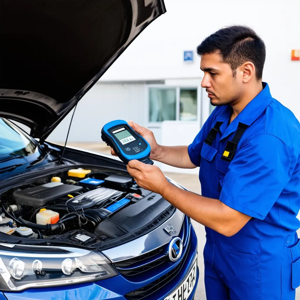 Mechanic using an OBD scanner on a car