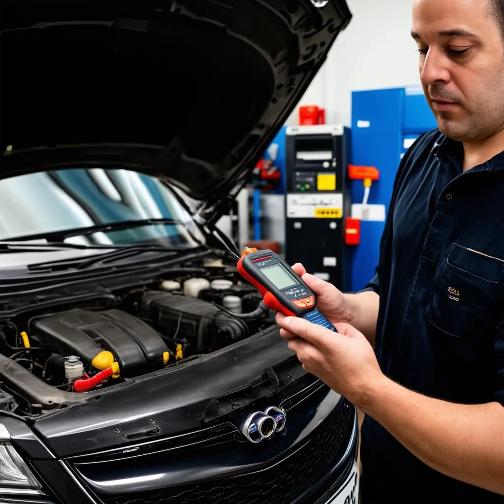 Mechanic Using OBD Scanner on a Vehicle