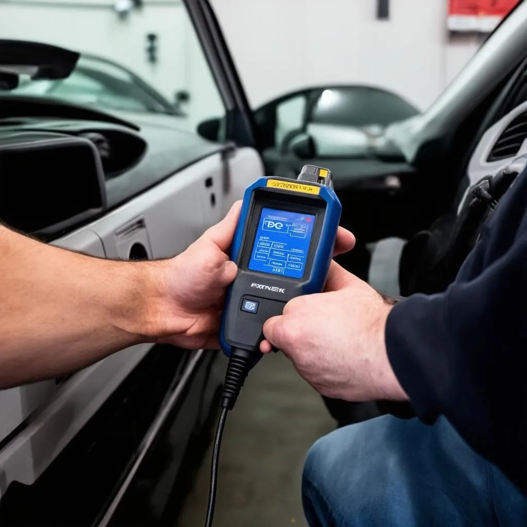 Mechanic using an OBD scanner on a car