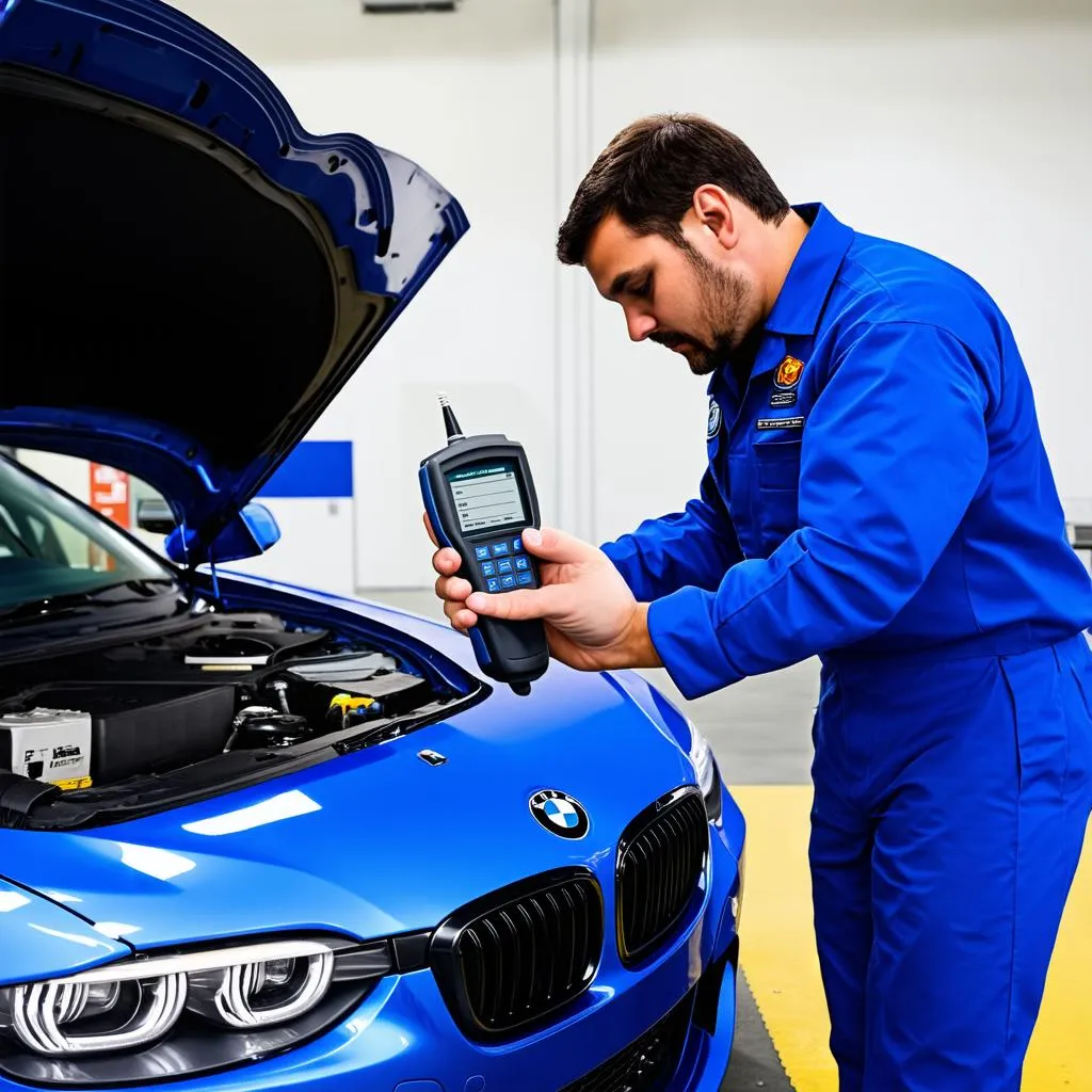 Mechanic using an OBD scanner on a BMW