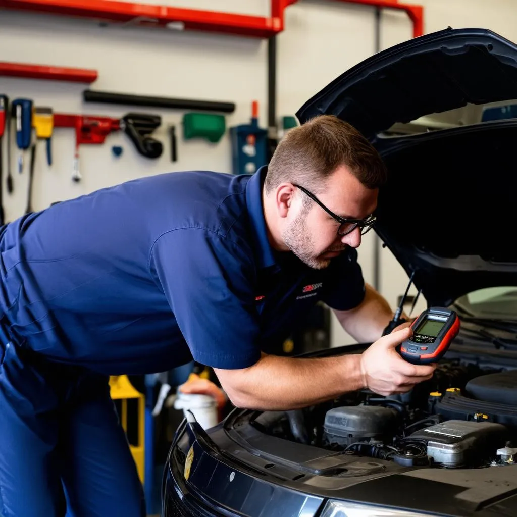 Mechanic using an OBD scanner on a car