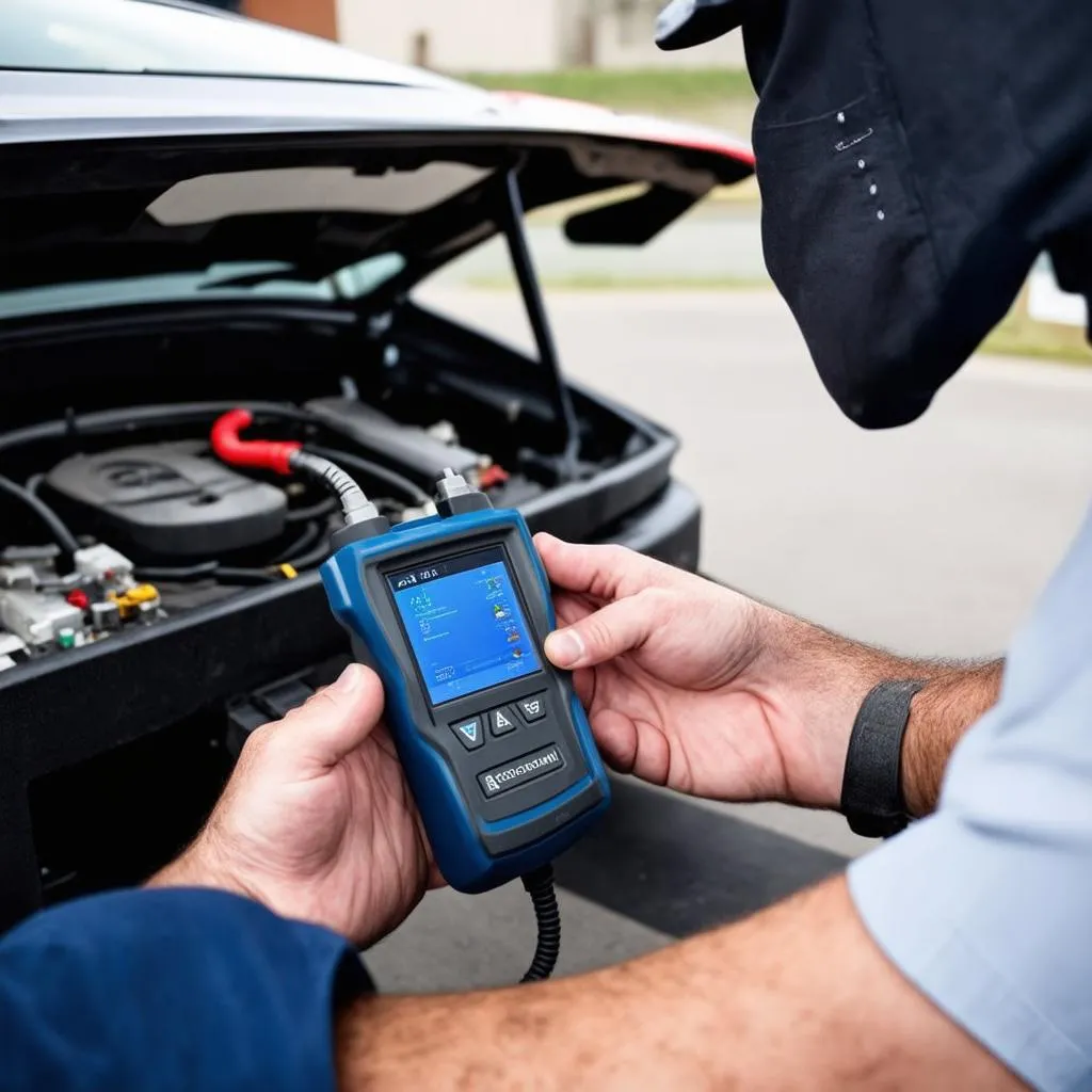 Mechanic using OBD Scanner on a car