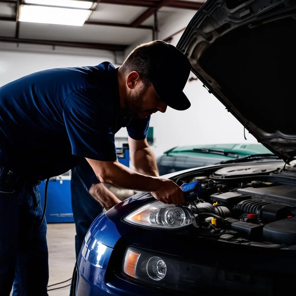 mechanic plugging in obd2 scanner