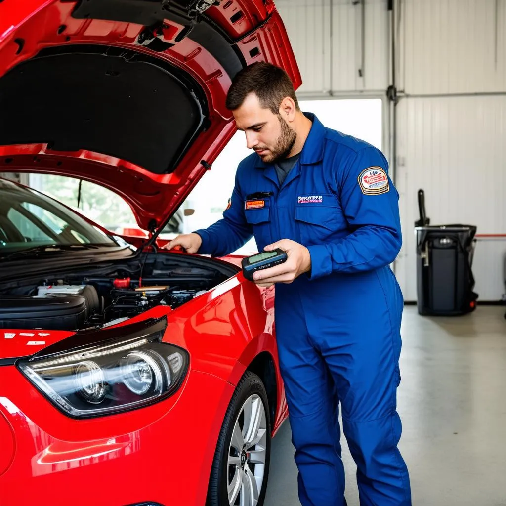 Mechanic using OBD scanner on a car