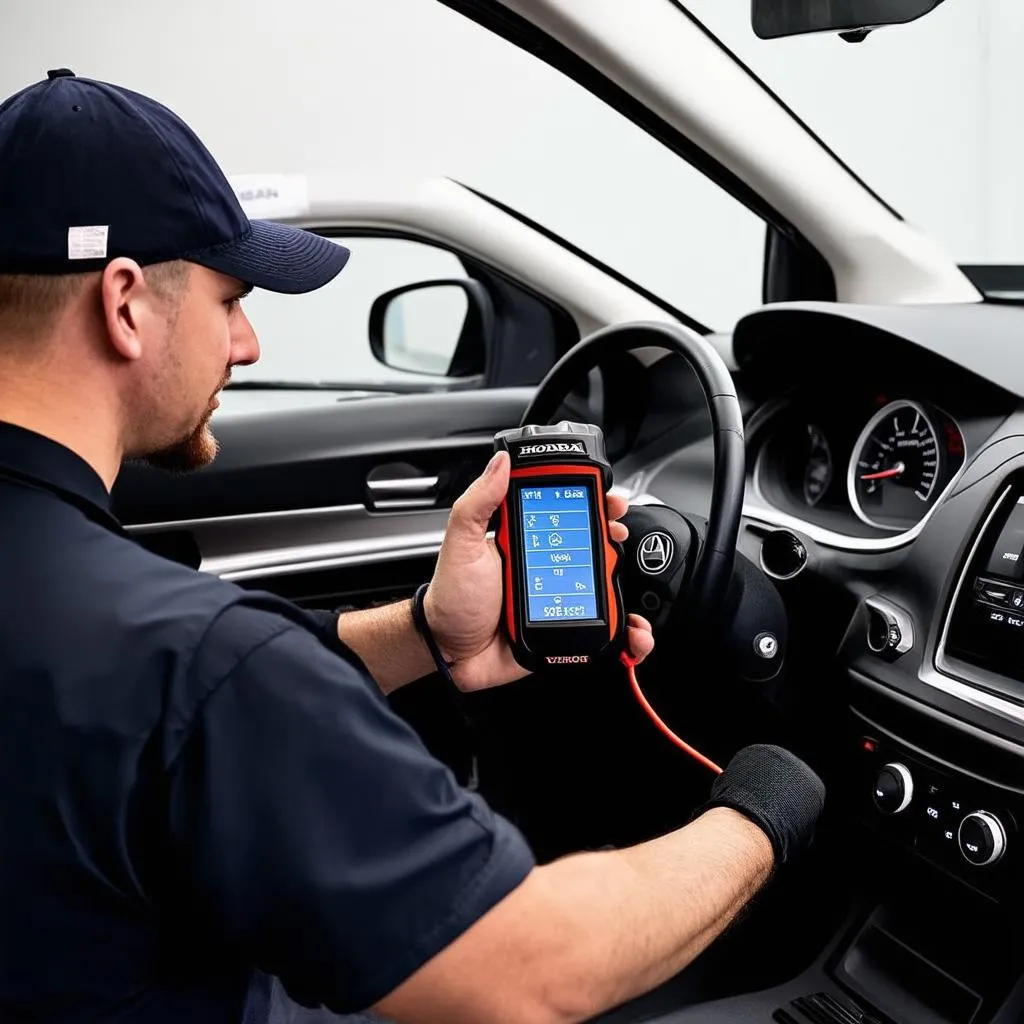 Mechanic using OBD scanner on a car