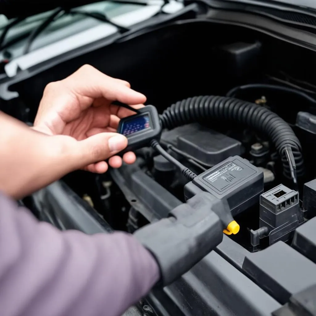 Mechanic using an OBD scanner on a car