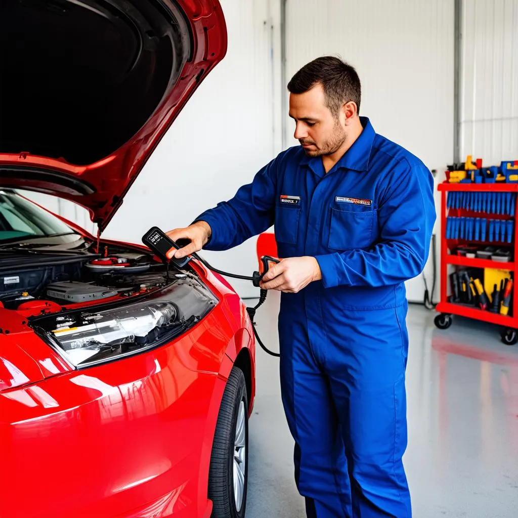 Mechanic Using OBD Scanner on a Car