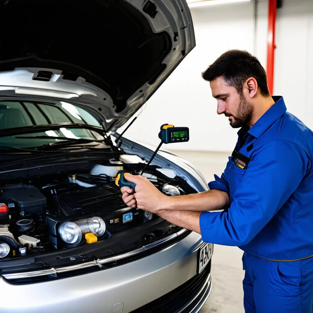 Mechanic using an OBD scanner on a car