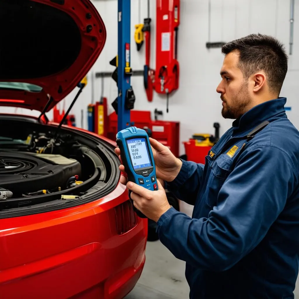 Mechanic using OBD Scanner to diagnose car problems