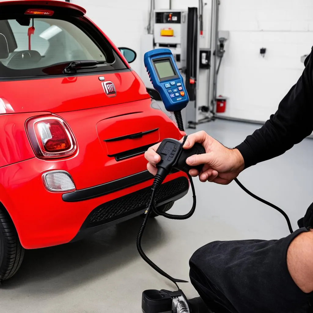 Mechanic using OBD scanner on Fiat 500