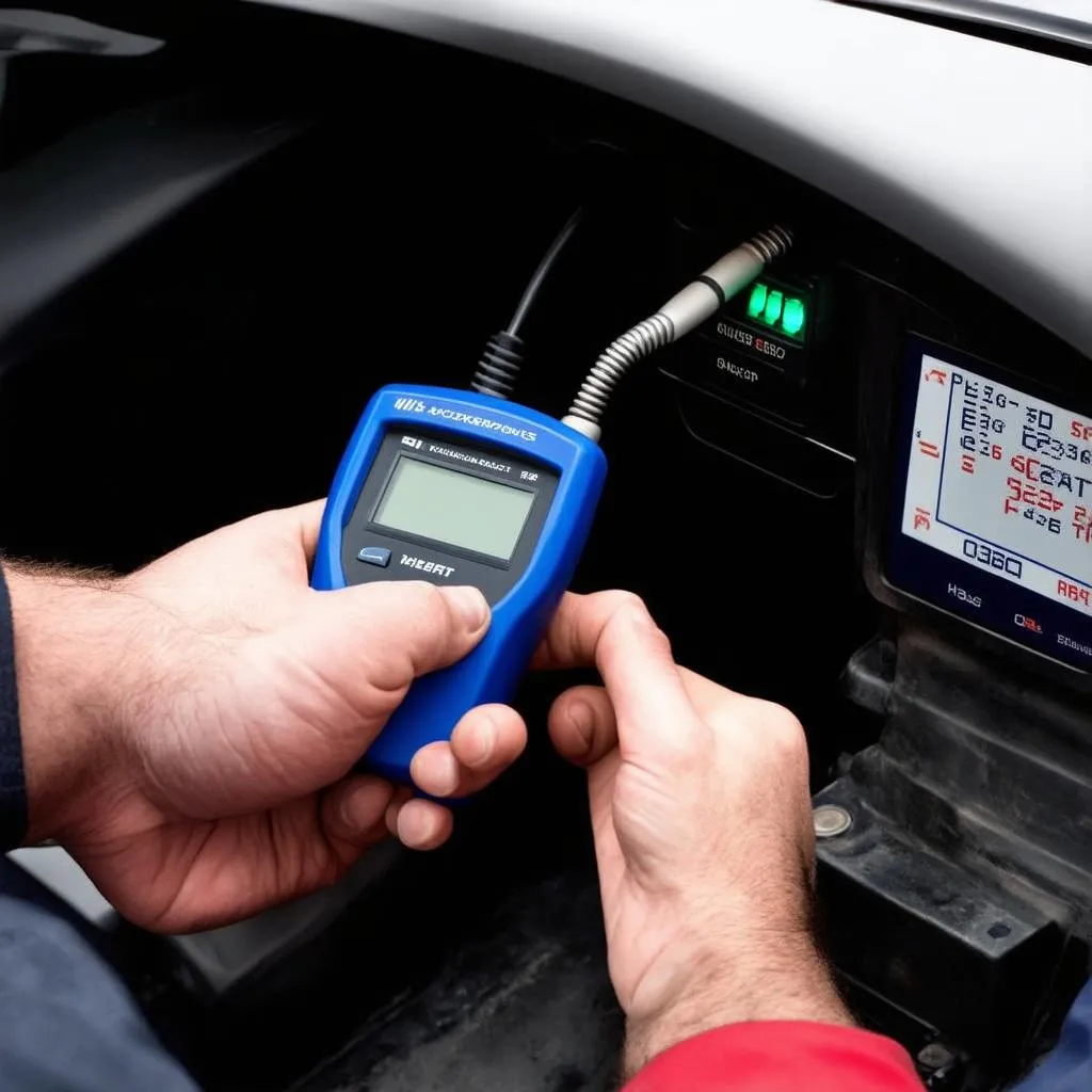 Mechanic connecting OBD-II scanner