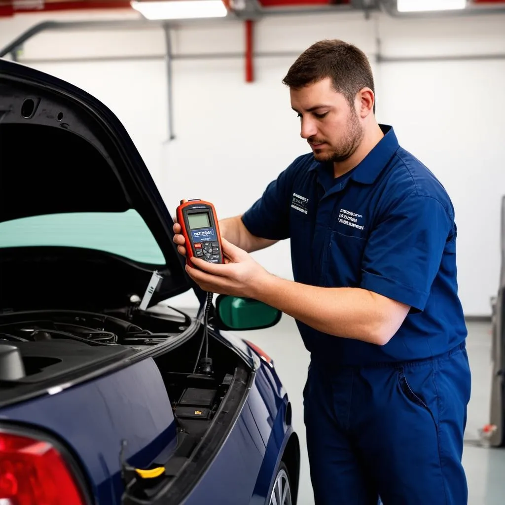 A mechanic diligently using an OBD scanner to diagnose a car's problem.